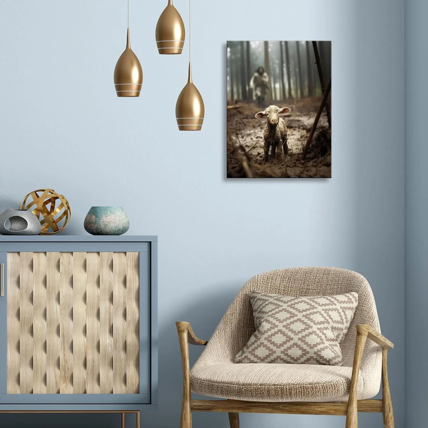 Jesus and Lamb Canvas Wall Art Jesus Running After Lost Lamb Picture Wall Art Canvas Print Christian Lamb of God Home Decor Jesus Saves the Lamb a lost lamb Inspirational Christian Wall Art for Office