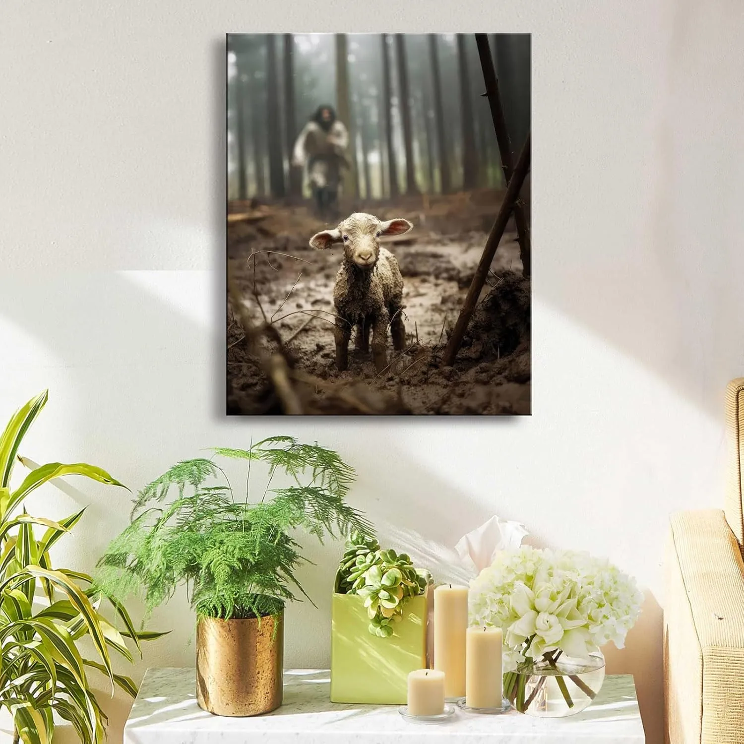 Jesus and Lamb Canvas Wall Art Jesus Running After Lost Lamb Picture Wall Art Canvas Print Christian Lamb of God Home Decor Jesus Saves the Lamb a lost lamb Inspirational Christian Wall Art for Office