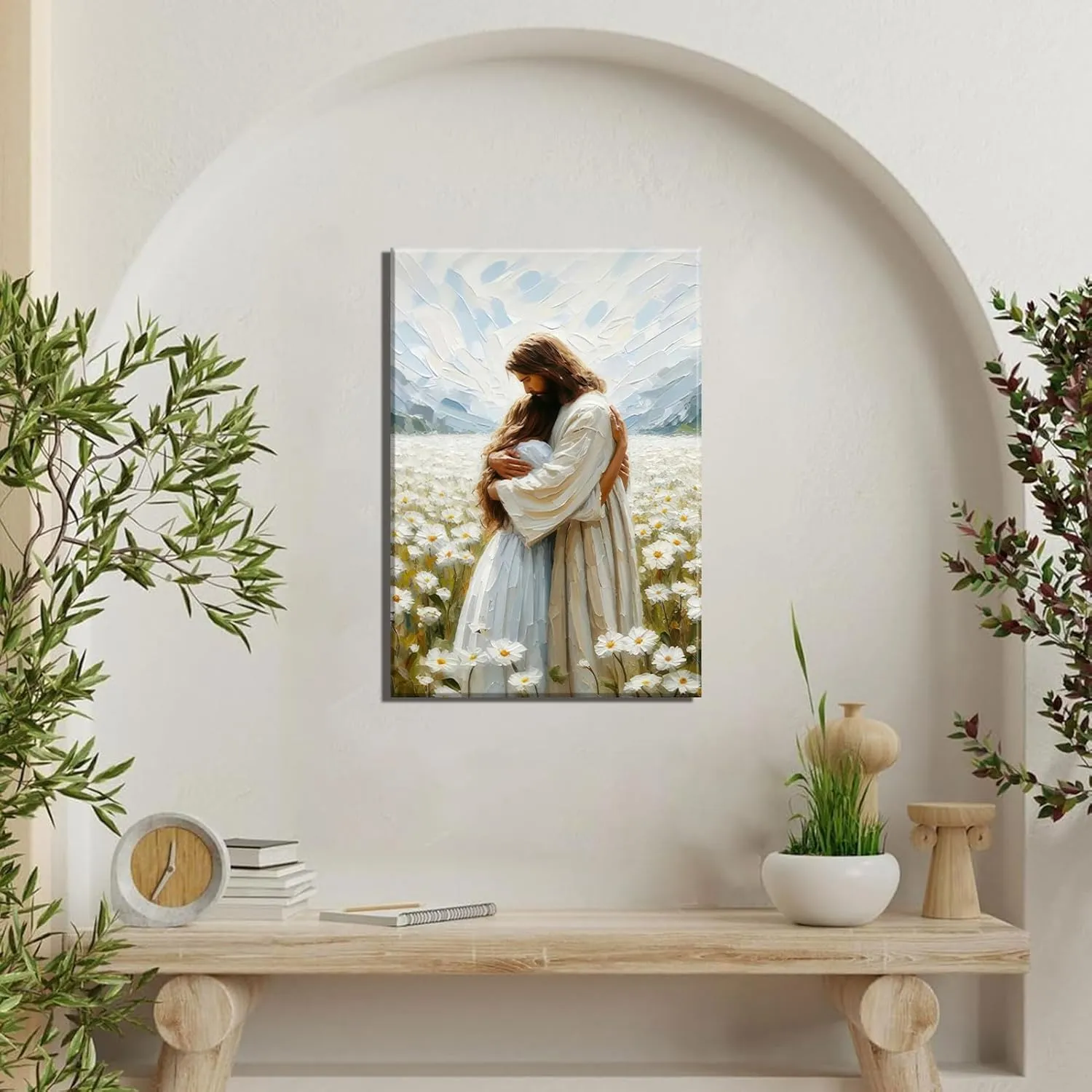 Jesus Hugging Girl Canvas Wall Art Jesus and Woman Wall Decor Pictures Modern Christian Healing Embrace Mormon Prints Posters for Hallway Bathroom Dining Living Room Kitchen Wall Bedroom Decoration (canvas, 12x16in)