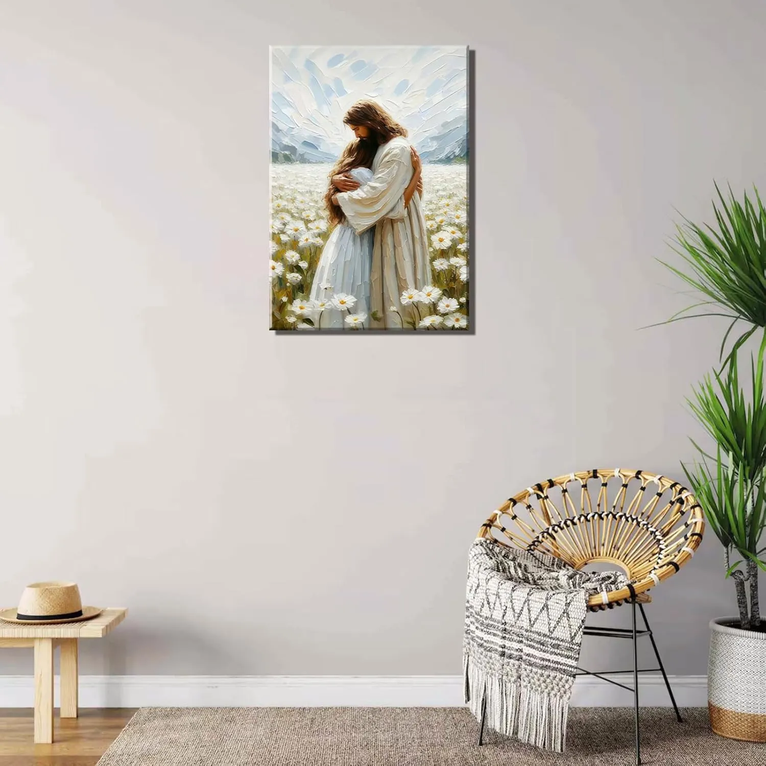 Jesus Hugging Girl Canvas Wall Art Jesus and Woman Wall Decor Pictures Modern Christian Healing Embrace Mormon Prints Posters for Hallway Bathroom Dining Living Room Kitchen Wall Bedroom Decoration (canvas, 12x16in)