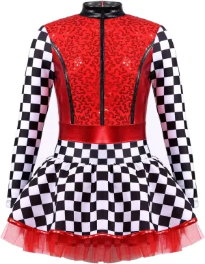 JEYPINMI Kids Race Car Driver Costume Girls Checkerboard Dance Dress Jumpsuit Halloween Cosplay Fancy Dress