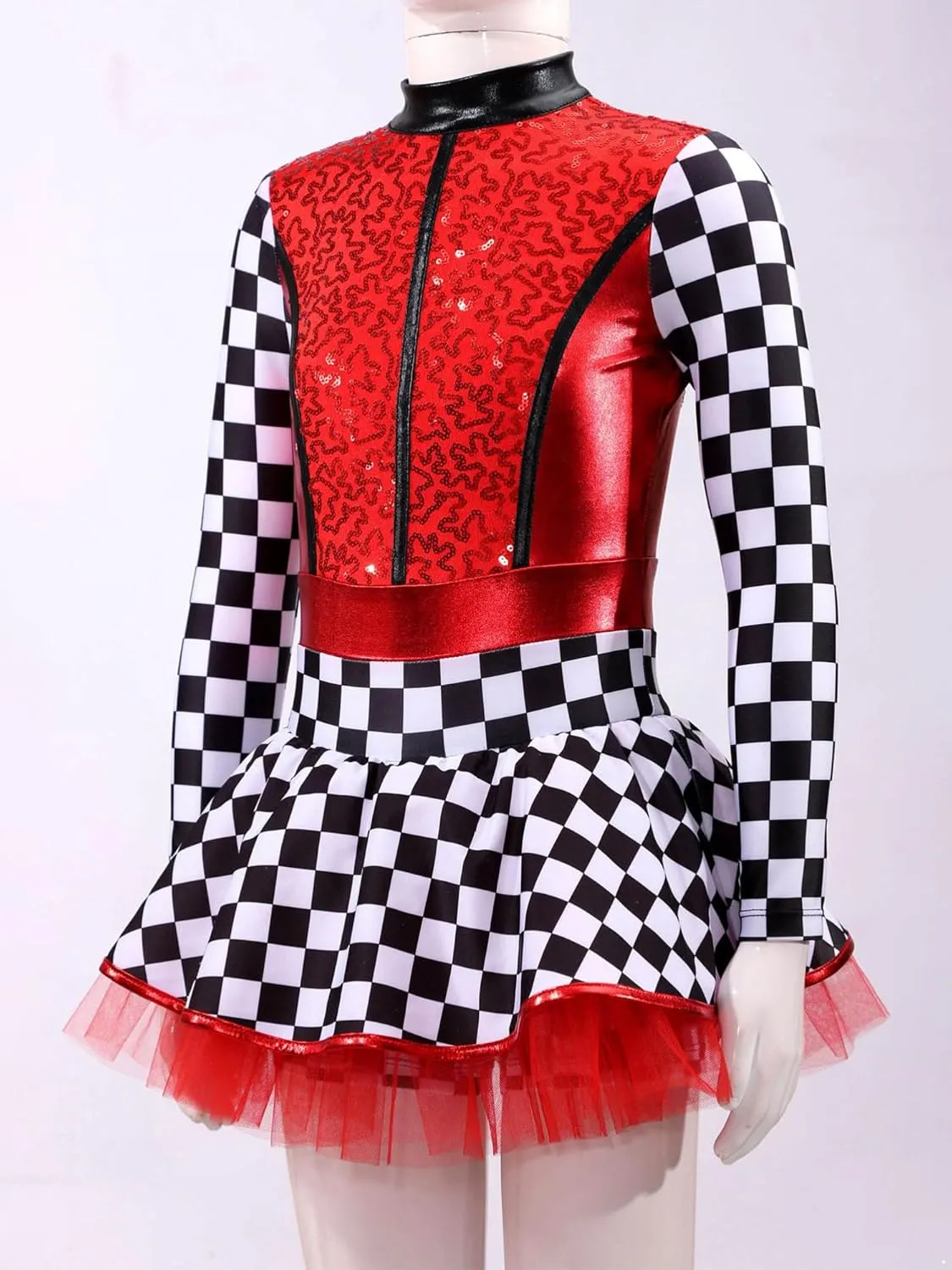JEYPINMI Kids Race Car Driver Costume Girls Checkerboard Dance Dress Jumpsuit Halloween Cosplay Fancy Dress