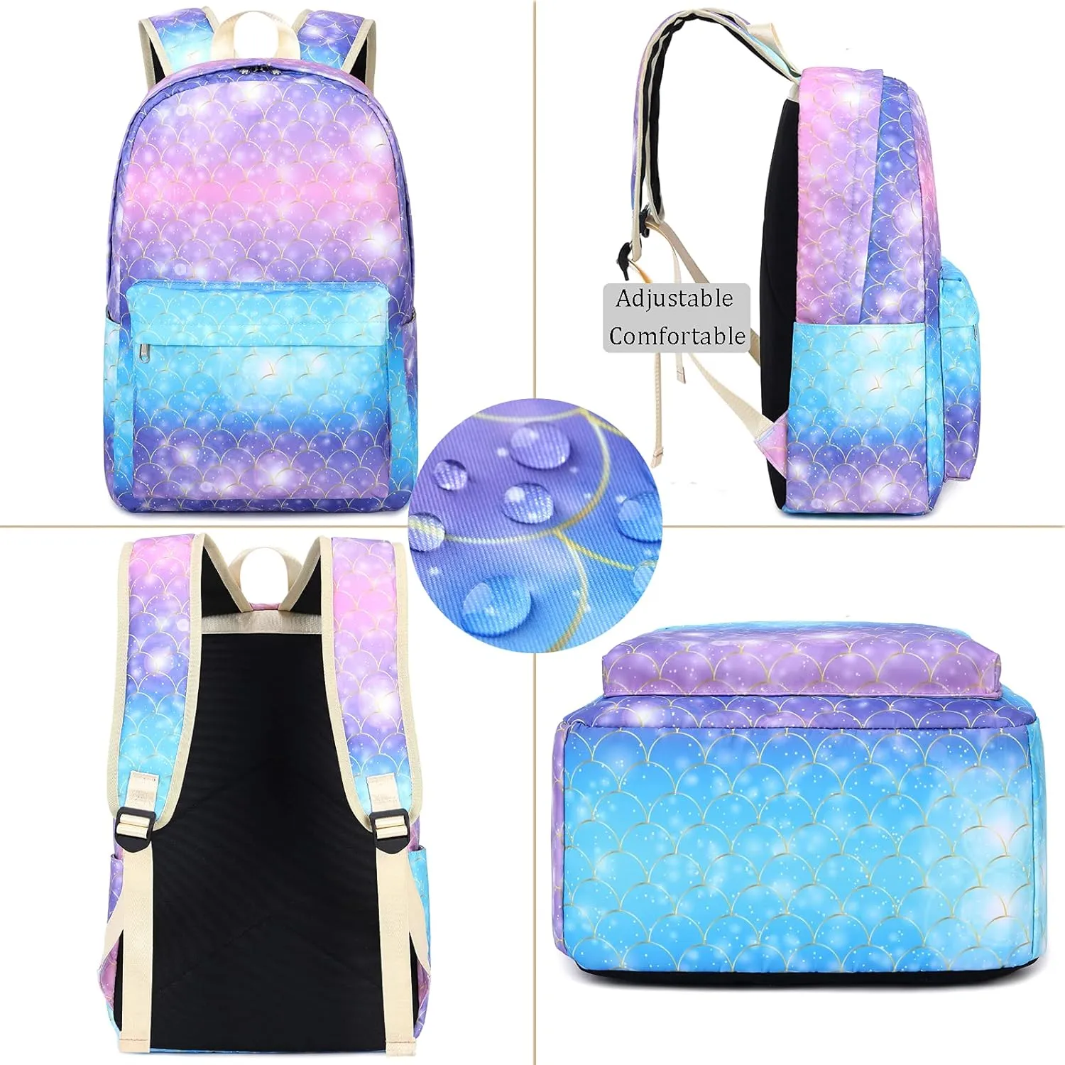 JIANYA Backpack for Girls School Backpacks Lunch Box Set Mermaid Scales Teen Girl Bookbag School Bag