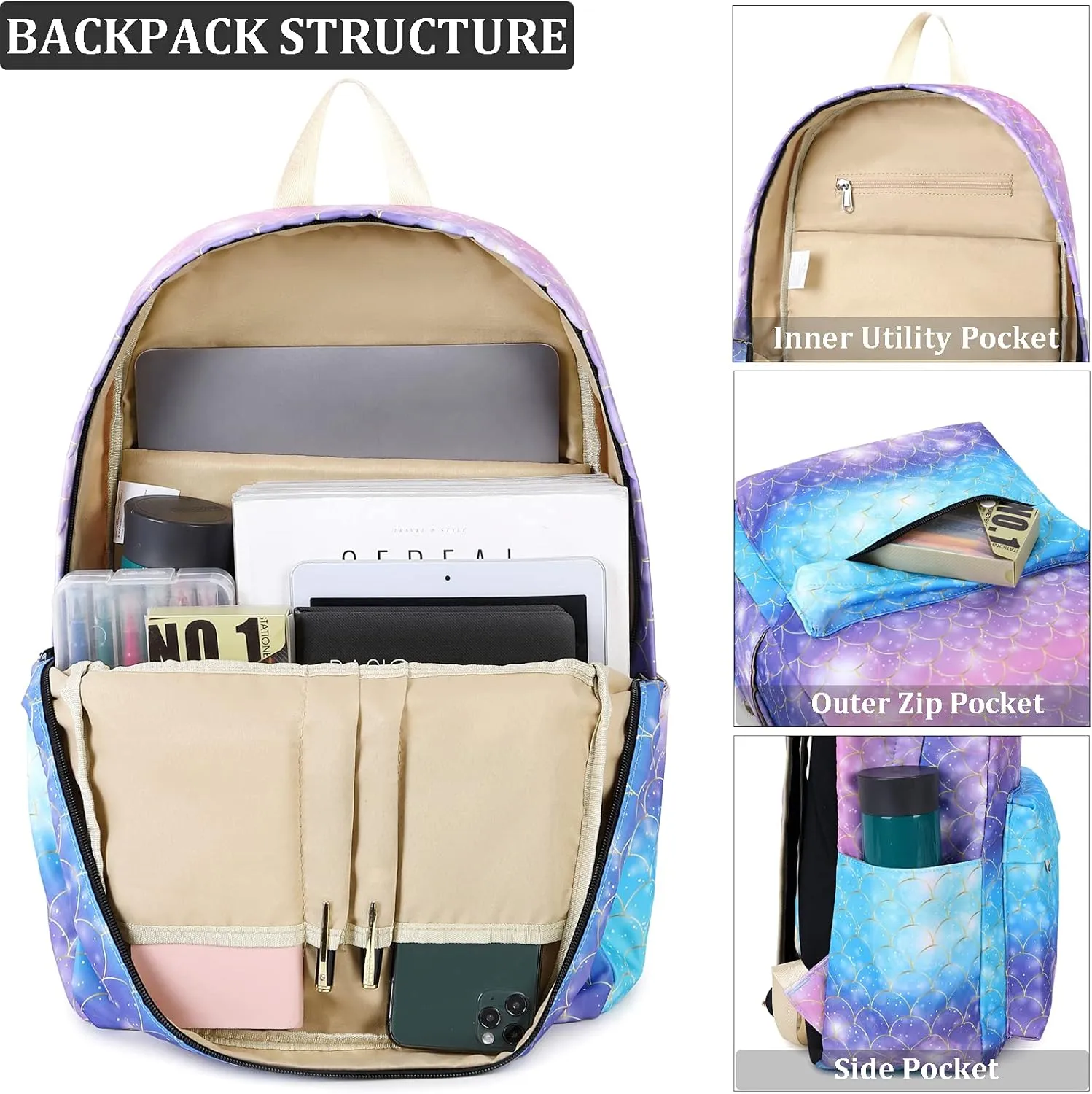 JIANYA Backpack for Girls School Backpacks Lunch Box Set Mermaid Scales Teen Girl Bookbag School Bag