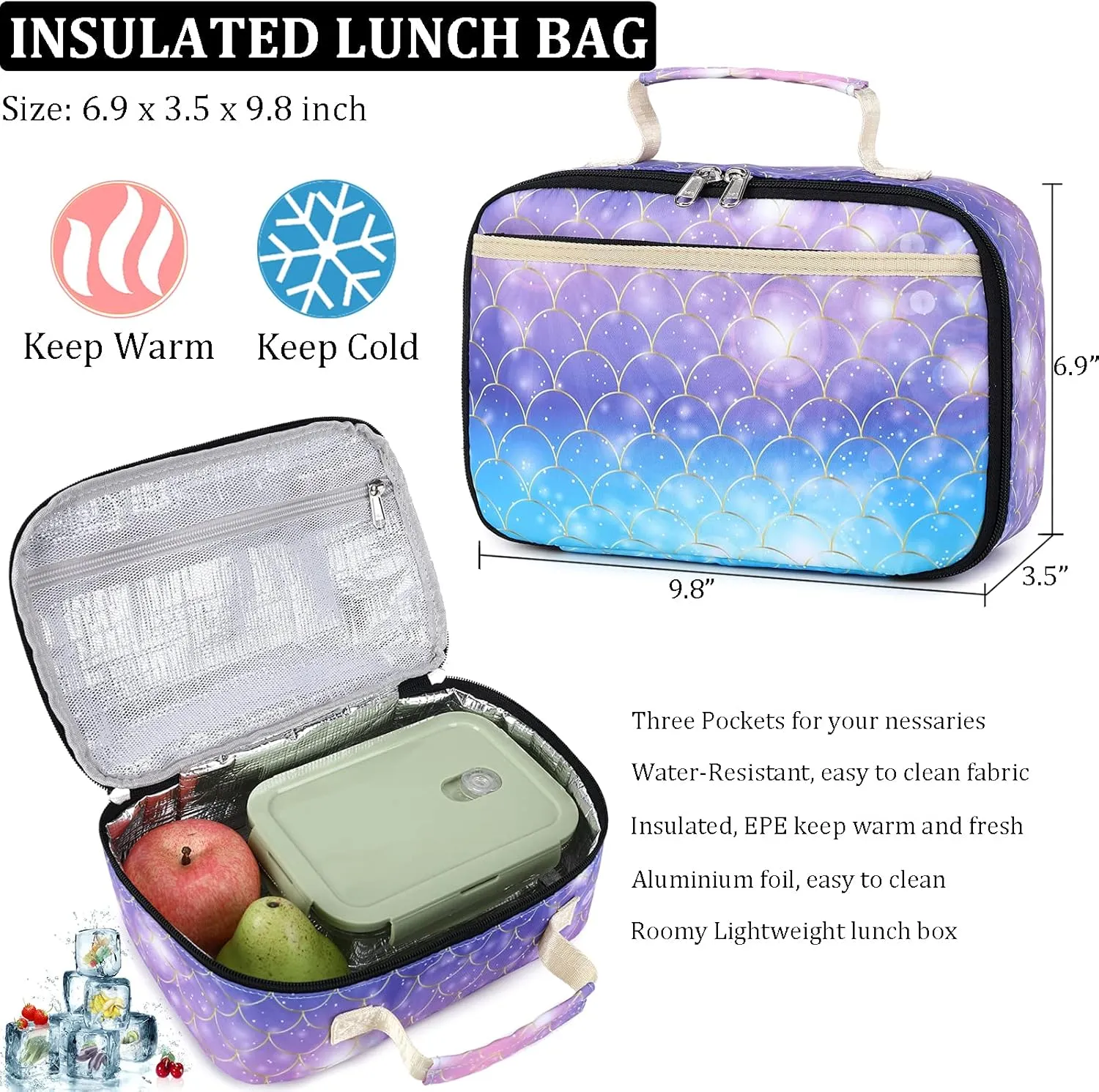 JIANYA Backpack for Girls School Backpacks Lunch Box Set Mermaid Scales Teen Girl Bookbag School Bag