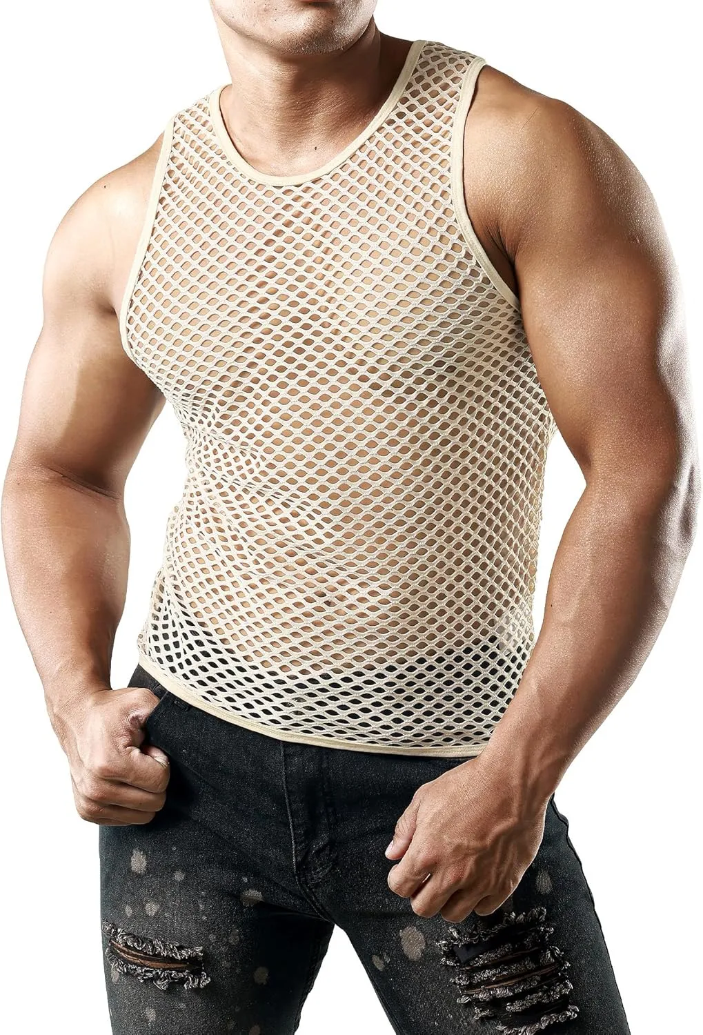 JOGAL Men's Mesh Fishnet Fitted Sleeveless Muscle Top