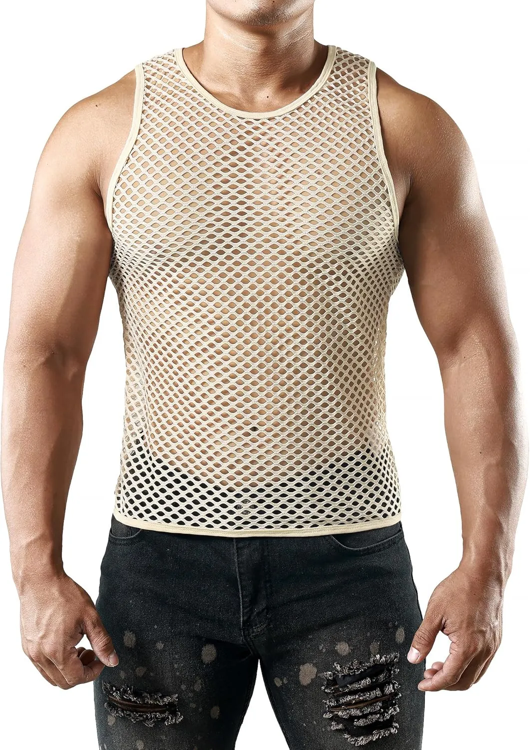 JOGAL Men's Mesh Fishnet Fitted Sleeveless Muscle Top