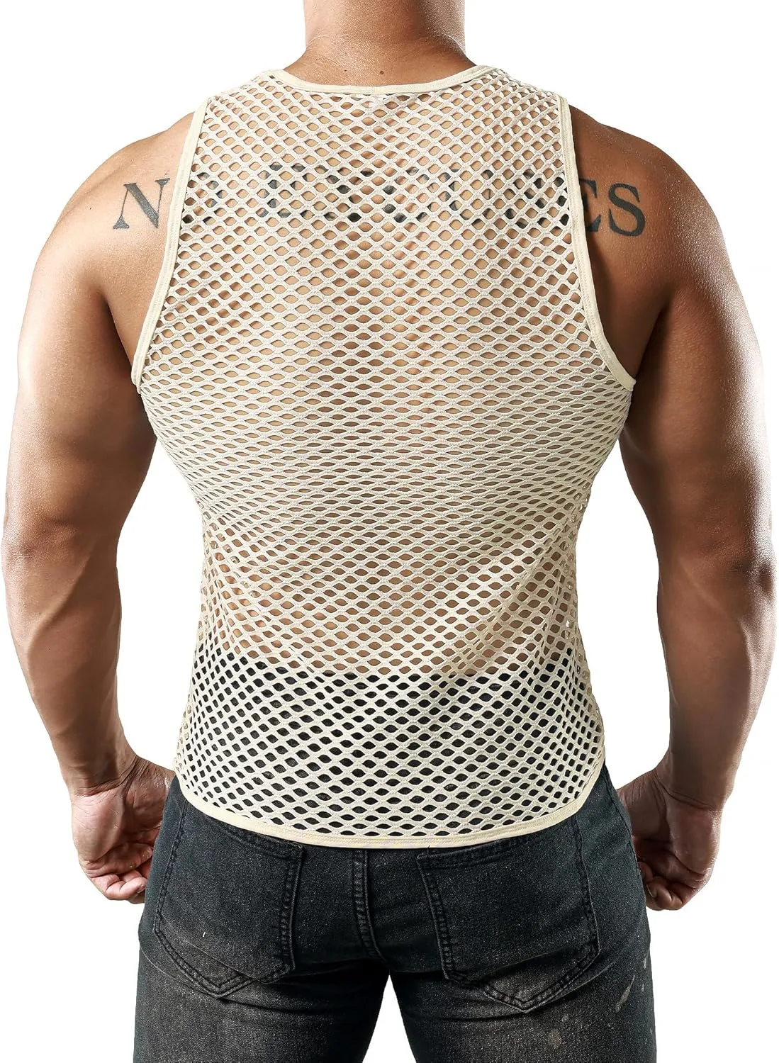 JOGAL Men's Mesh Fishnet Fitted Sleeveless Muscle Top