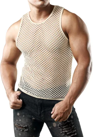 JOGAL Men's Mesh Fishnet Fitted Sleeveless Muscle Top