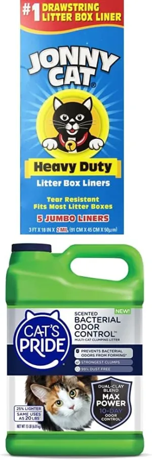Jonny Cat Heavy Duty Litter Box Liners   Cat's Pride Scented Bacterial Odor Control Multi-Cat Clumping Litter Jug, 15-Pound Bundle