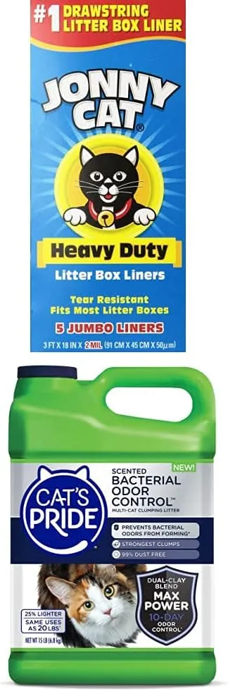 Jonny Cat Heavy Duty Litter Box Liners   Cat's Pride Scented Bacterial Odor Control Multi-Cat Clumping Litter Jug, 15-Pound Bundle
