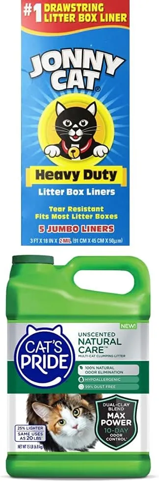 Jonny Cat Heavy Duty Litter Box Liners   Cat's Pride Unscented Natural Care Hypoallergenic Multi-Cat Clumping Litter Jug, 15-Pound Bundle
