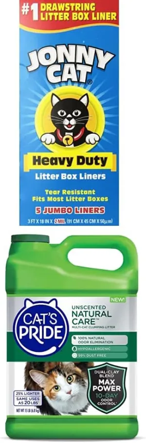 Jonny Cat Heavy Duty Litter Box Liners   Cat's Pride Unscented Natural Care Hypoallergenic Multi-Cat Clumping Litter Jug, 15-Pound Bundle
