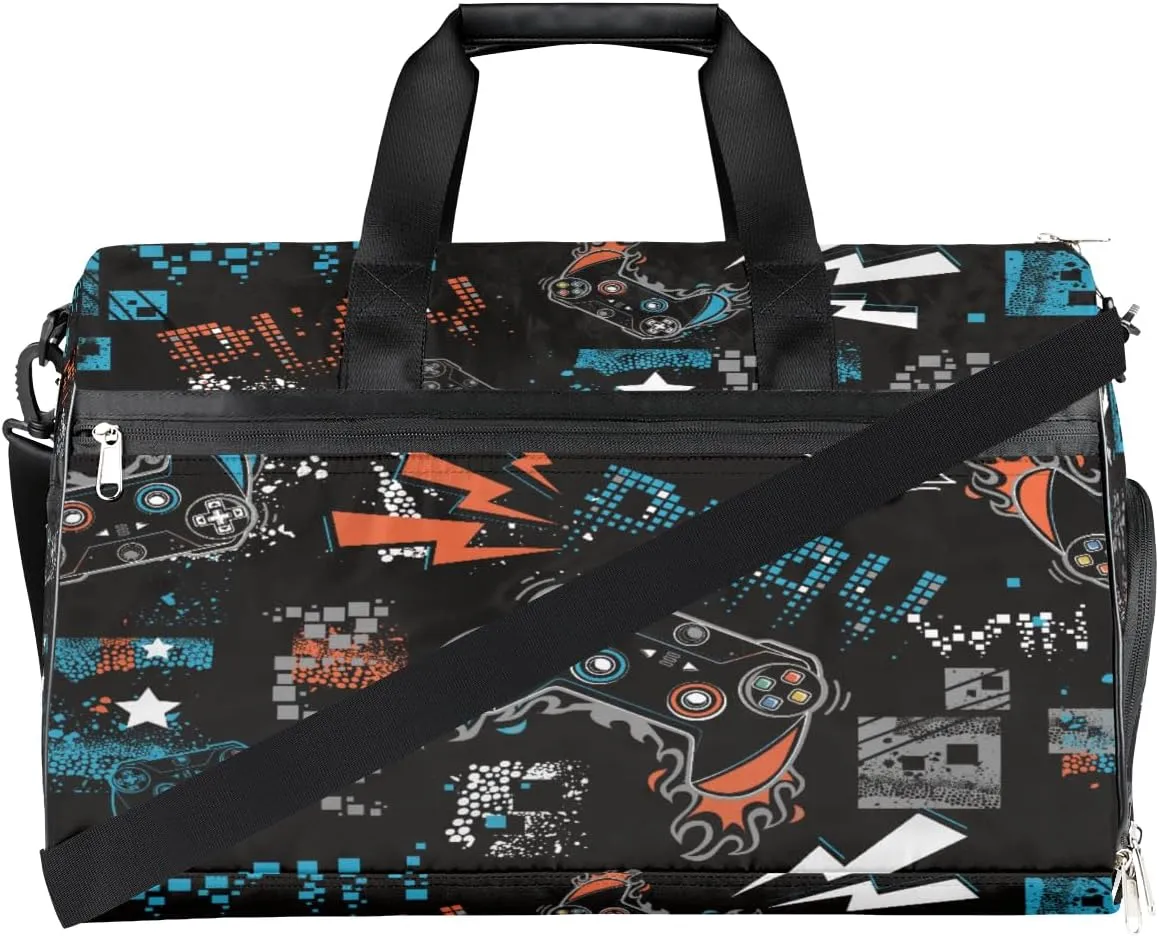 Joystick Game Dry Wet Depart Duffle Overnight Bag with Shoes Compartment & Wet Pockets, Doodle Water Resistant Weekender Travel Gym Pouch For Swim Gymnastics Ballet Sleepovers