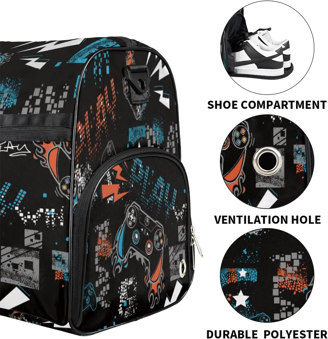 Joystick Game Dry Wet Depart Duffle Overnight Bag with Shoes Compartment & Wet Pockets, Doodle Water Resistant Weekender Travel Gym Pouch For Swim Gymnastics Ballet Sleepovers