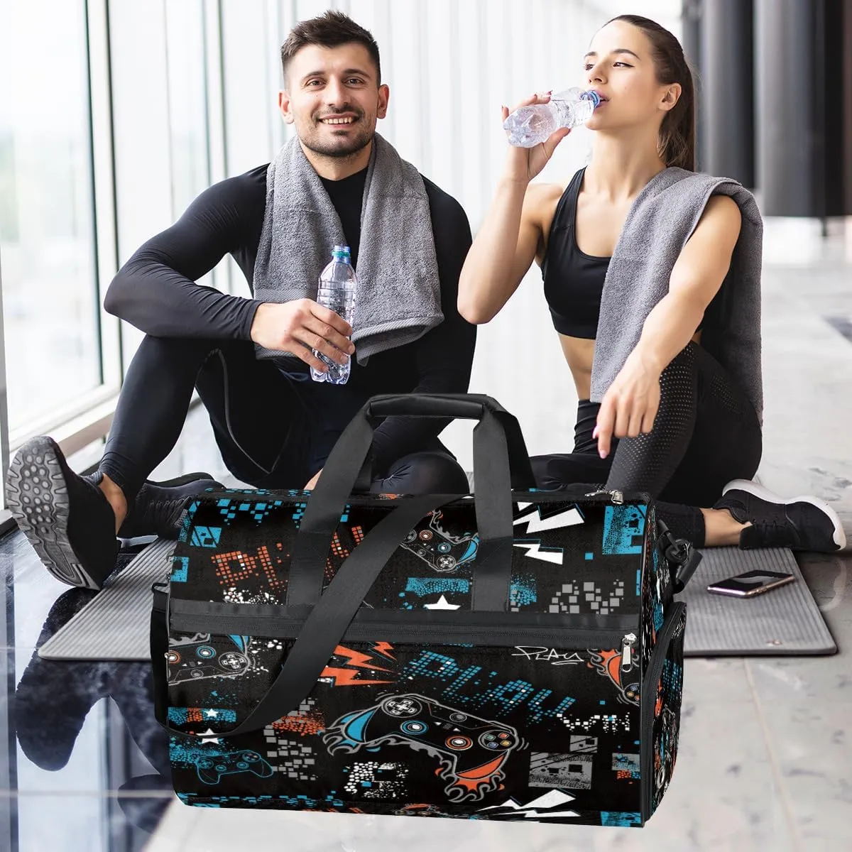Joystick Game Dry Wet Depart Duffle Overnight Bag with Shoes Compartment & Wet Pockets, Doodle Water Resistant Weekender Travel Gym Pouch For Swim Gymnastics Ballet Sleepovers