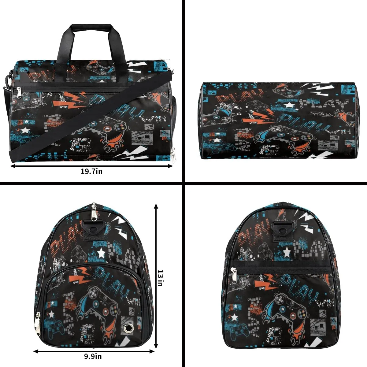 Joystick Game Dry Wet Depart Duffle Overnight Bag with Shoes Compartment & Wet Pockets, Doodle Water Resistant Weekender Travel Gym Pouch For Swim Gymnastics Ballet Sleepovers