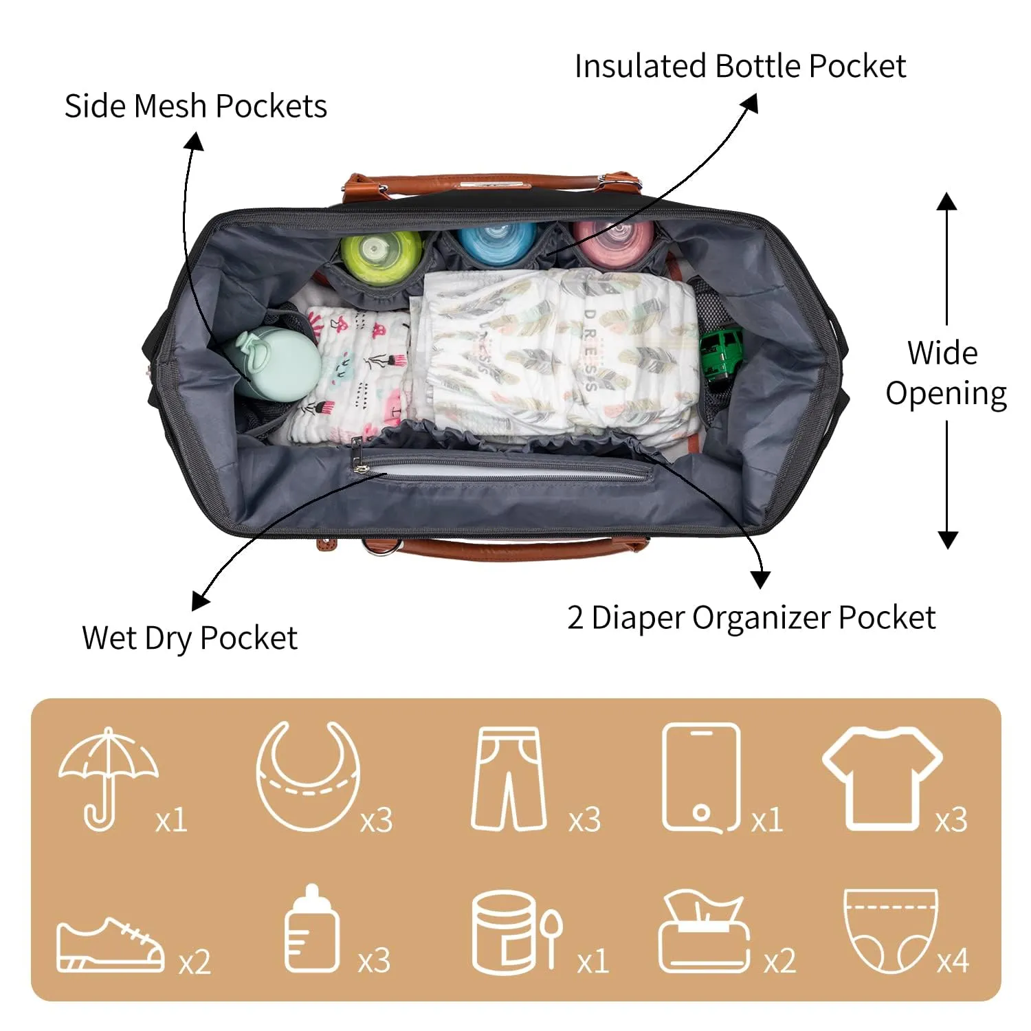 KABAQOO Mommy Bag for Hospital, Diaper Bag Tote with Changing Pad, Hospital Bags for Labor and Delivery, Large Travel Diaper Tote for Boys & Girls, Black