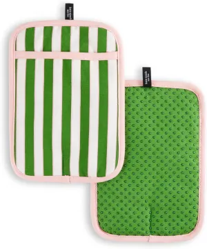 Kate Spade New York Botanical Stripe Pot Holder 2-Pack Set, 7" x 10", Green/Pink