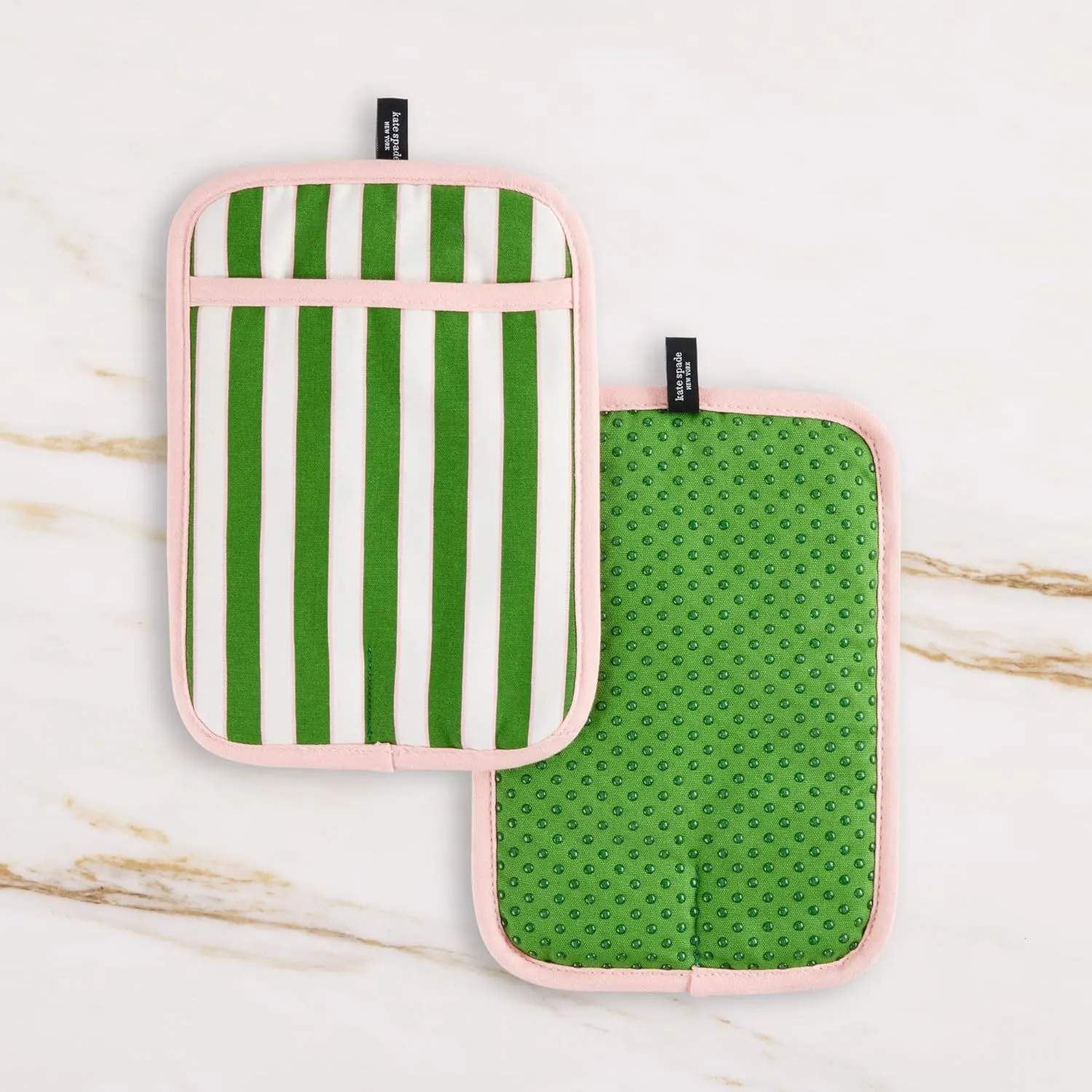 Kate Spade New York Botanical Stripe Pot Holder 2-Pack Set, 7" x 10", Green/Pink