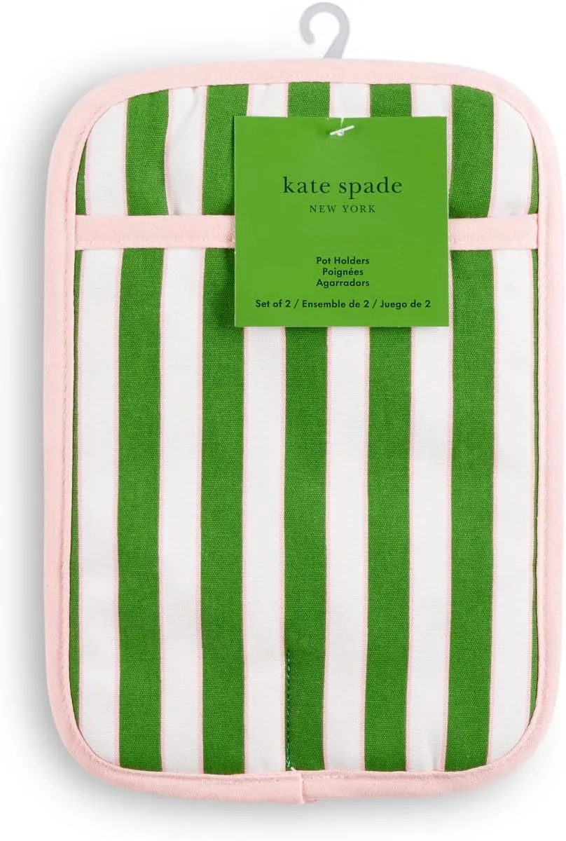 Kate Spade New York Botanical Stripe Pot Holder 2-Pack Set, 7" x 10", Green/Pink