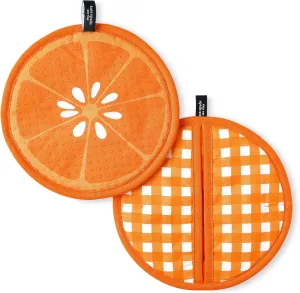 kate spade new york Squeeze The Day and Spring Gingham Pot Holder 2-Pack Set, Heat Resistant, 100% Cotton, Orange, 8"