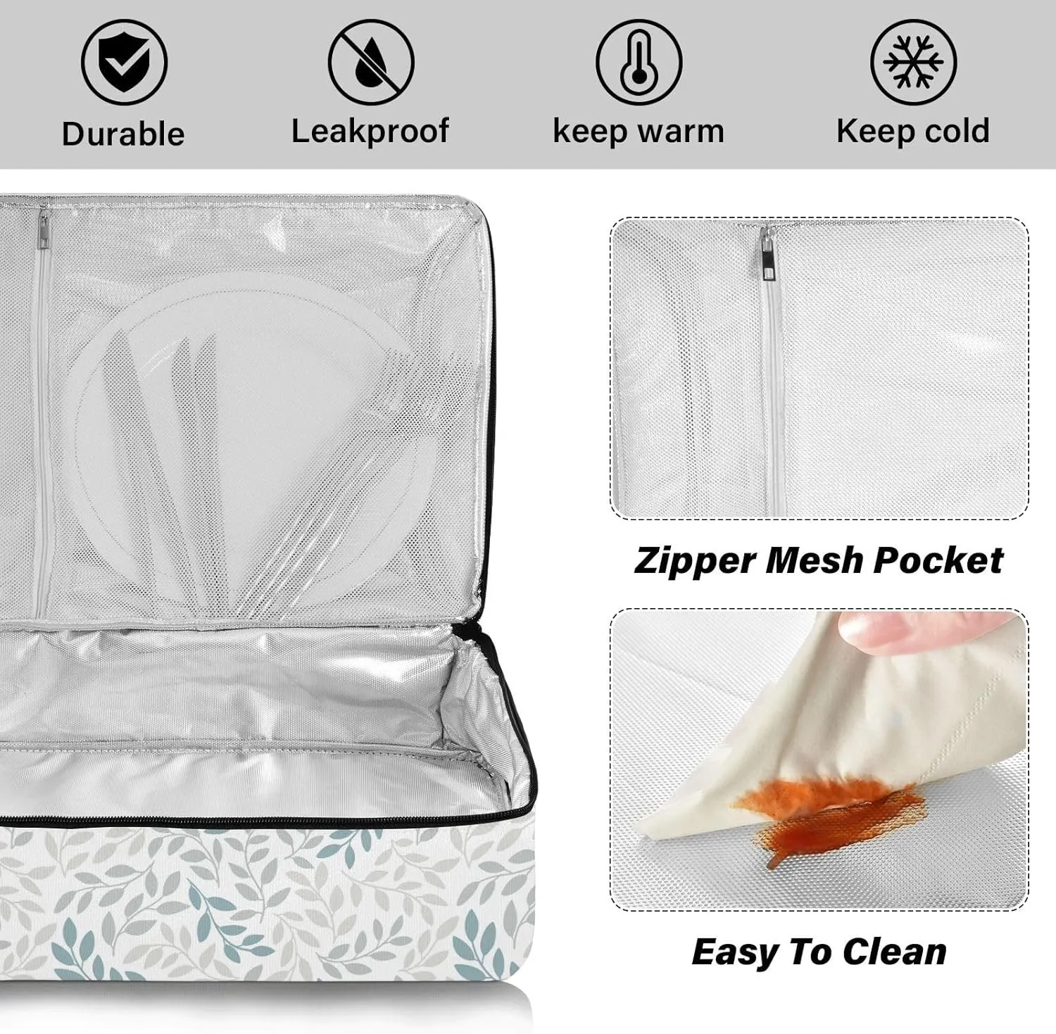 Kcldeci Insulated Casserole Carrier Green Gray Leaf Casserole Dish Carrier Bag for Hot or Cold Food Insulated Casserole Dish Carrier Thermal Tote Bag for Picnic,Cookouts,Beac