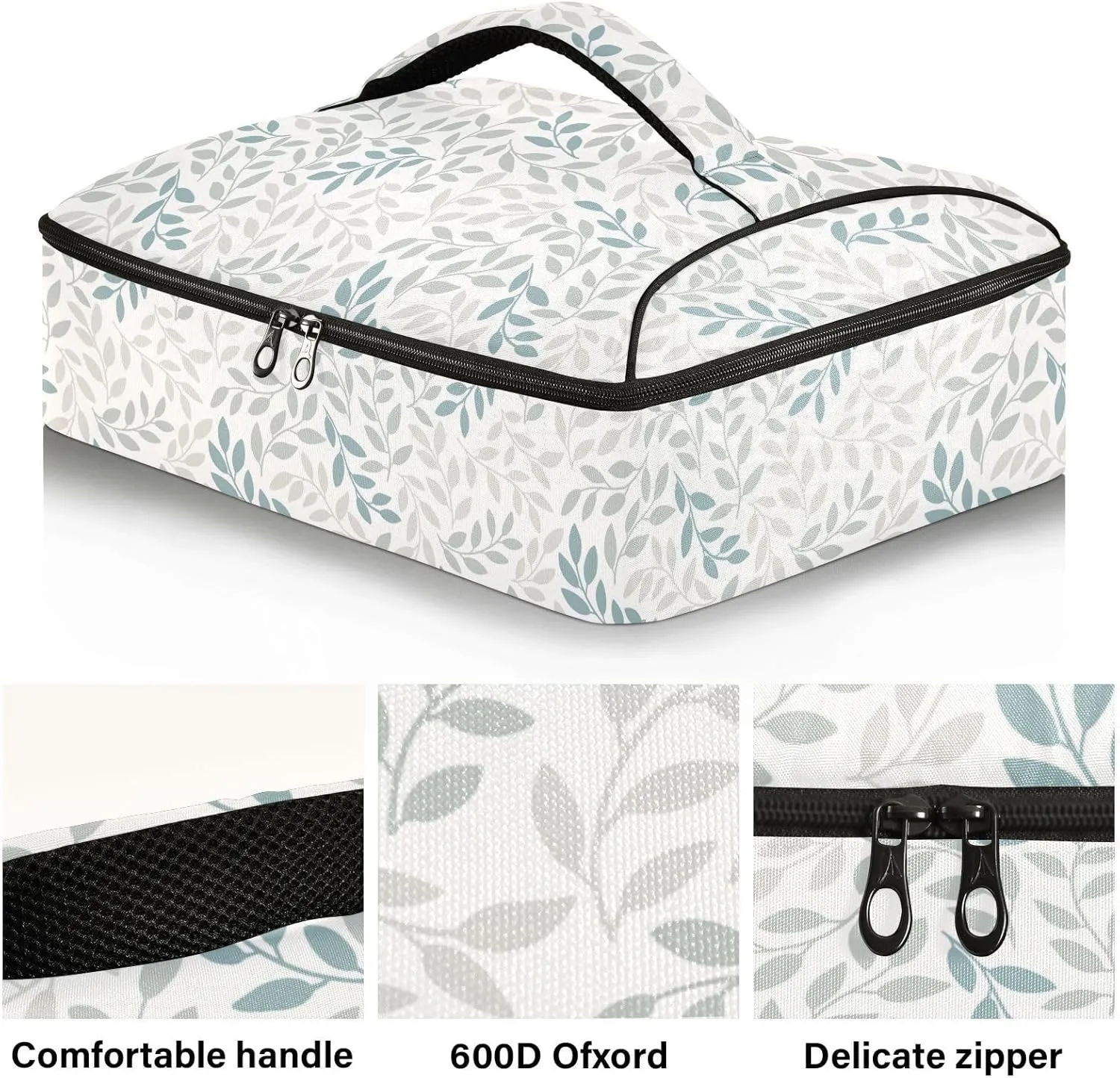 Kcldeci Insulated Casserole Carrier Green Gray Leaf Casserole Dish Carrier Bag for Hot or Cold Food Insulated Casserole Dish Carrier Thermal Tote Bag for Picnic,Cookouts,Beac