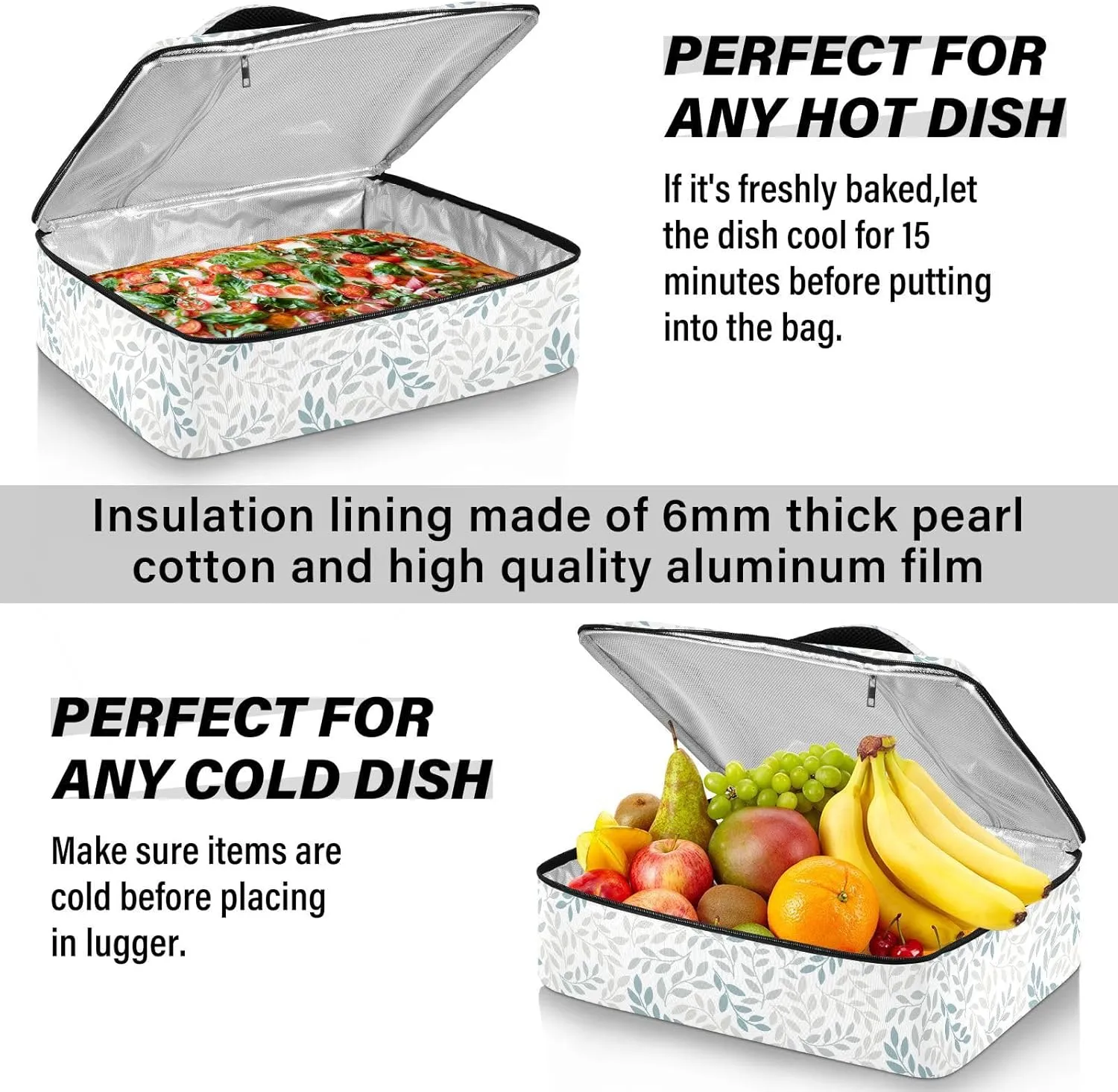 Kcldeci Insulated Casserole Carrier Green Gray Leaf Casserole Dish Carrier Bag for Hot or Cold Food Insulated Casserole Dish Carrier Thermal Tote Bag for Picnic,Cookouts,Beac