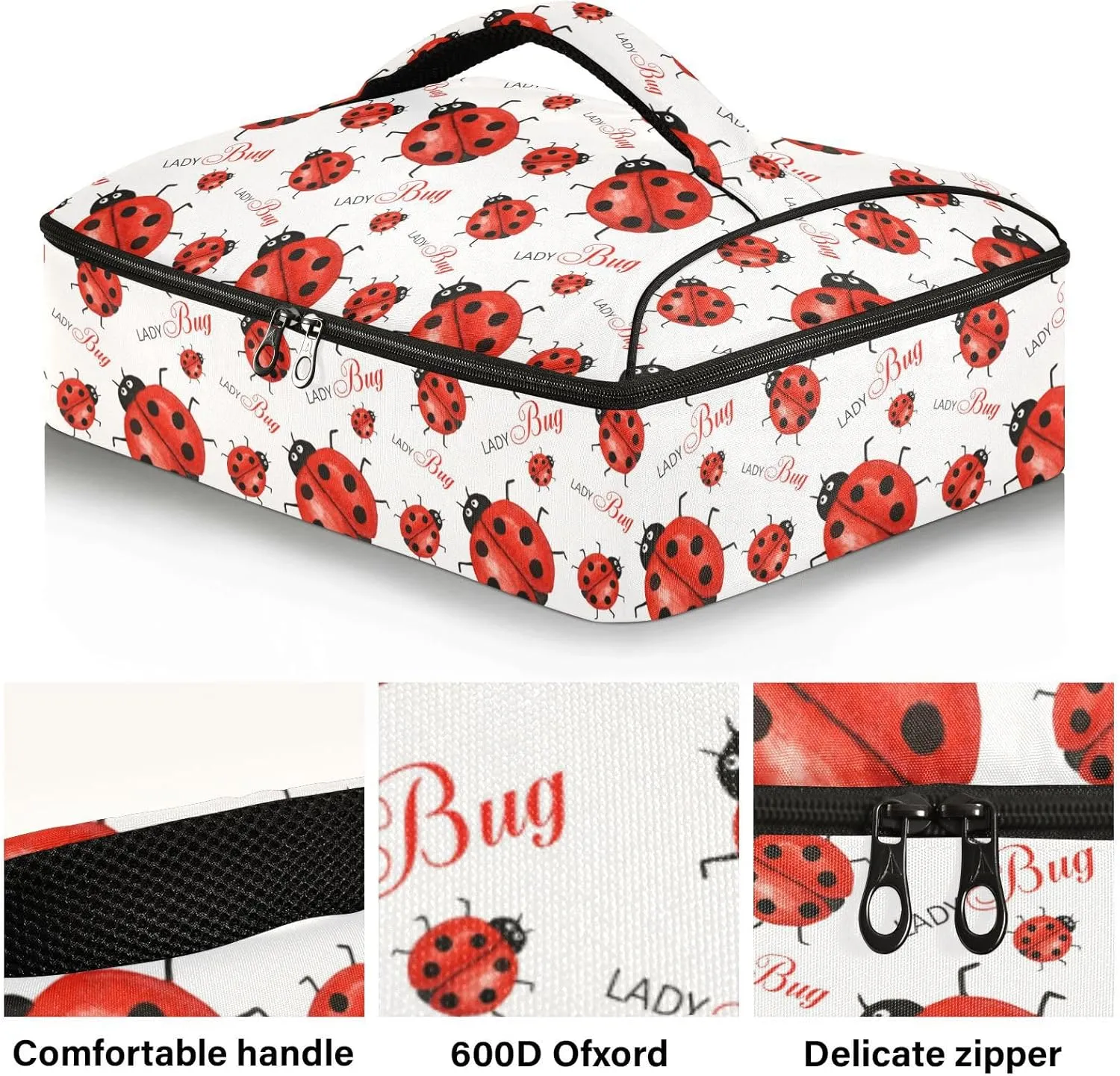 Kcldeci Insulated Thermal Food Carrier Insulated Casserole Carrier for Hot or Cold Food, Funny Insects Ladybug Insulated Tote Bag for Potluck Cookouts Parties Picnic,Lasagna Lugger