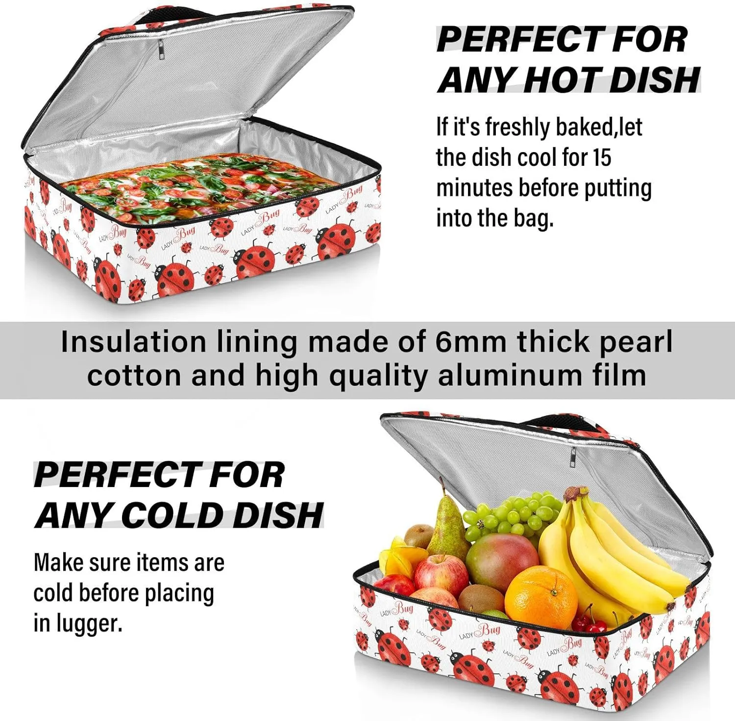 Kcldeci Insulated Thermal Food Carrier Insulated Casserole Carrier for Hot or Cold Food, Funny Insects Ladybug Insulated Tote Bag for Potluck Cookouts Parties Picnic,Lasagna Lugger