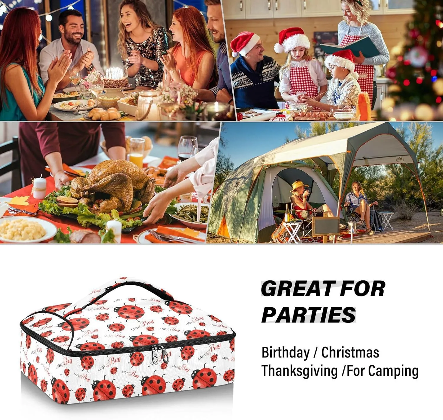 Kcldeci Insulated Thermal Food Carrier Insulated Casserole Carrier for Hot or Cold Food, Funny Insects Ladybug Insulated Tote Bag for Potluck Cookouts Parties Picnic,Lasagna Lugger