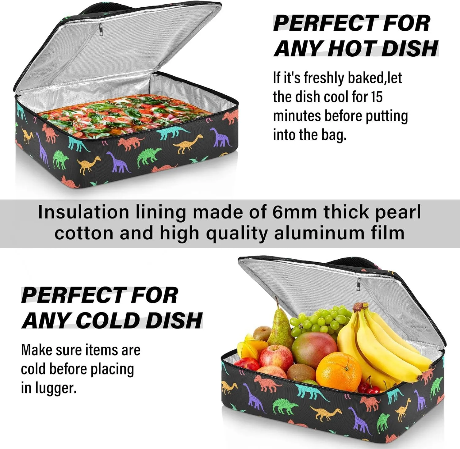 Kcldeci Insulated Thermal Food Carrier Insulated Casserole Carrier for Hot or Cold Food, Rainbow Dinosaurs Insulated Tote Bag for Potluck Cookouts Parties Picnic,Lasagna Lugger