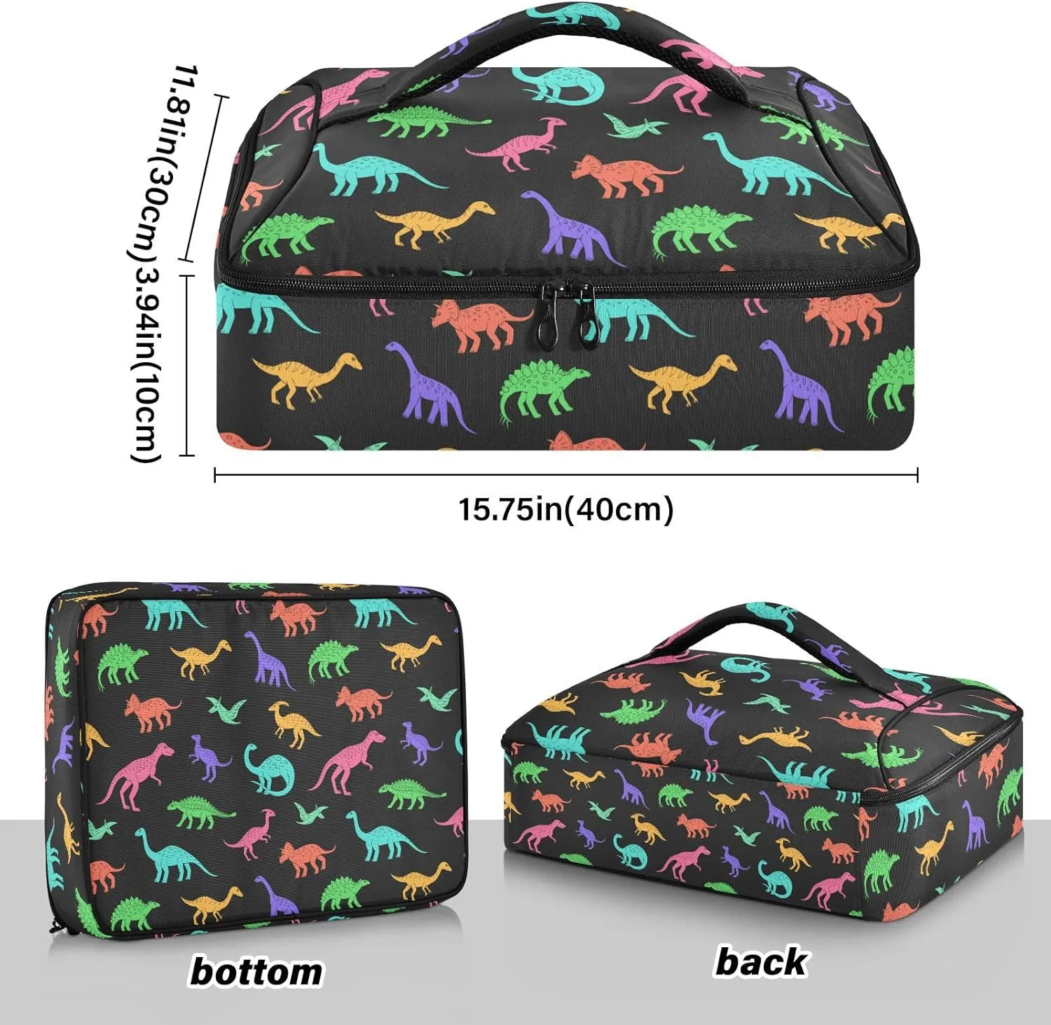 Kcldeci Insulated Thermal Food Carrier Insulated Casserole Carrier for Hot or Cold Food, Rainbow Dinosaurs Insulated Tote Bag for Potluck Cookouts Parties Picnic,Lasagna Lugger