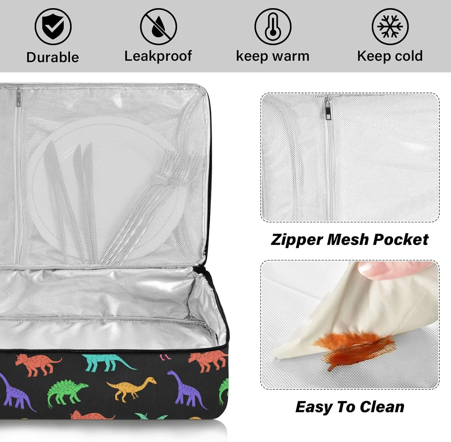 Kcldeci Insulated Thermal Food Carrier Insulated Casserole Carrier for Hot or Cold Food, Rainbow Dinosaurs Insulated Tote Bag for Potluck Cookouts Parties Picnic,Lasagna Lugger