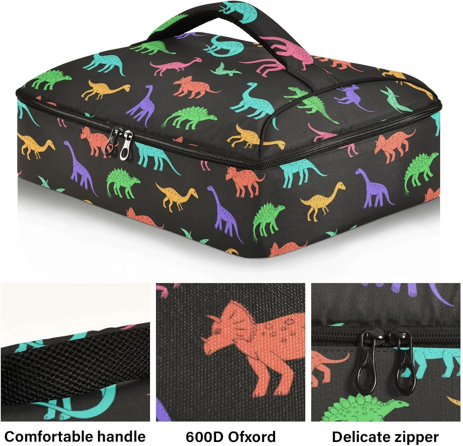 Kcldeci Insulated Thermal Food Carrier Insulated Casserole Carrier for Hot or Cold Food, Rainbow Dinosaurs Insulated Tote Bag for Potluck Cookouts Parties Picnic,Lasagna Lugger