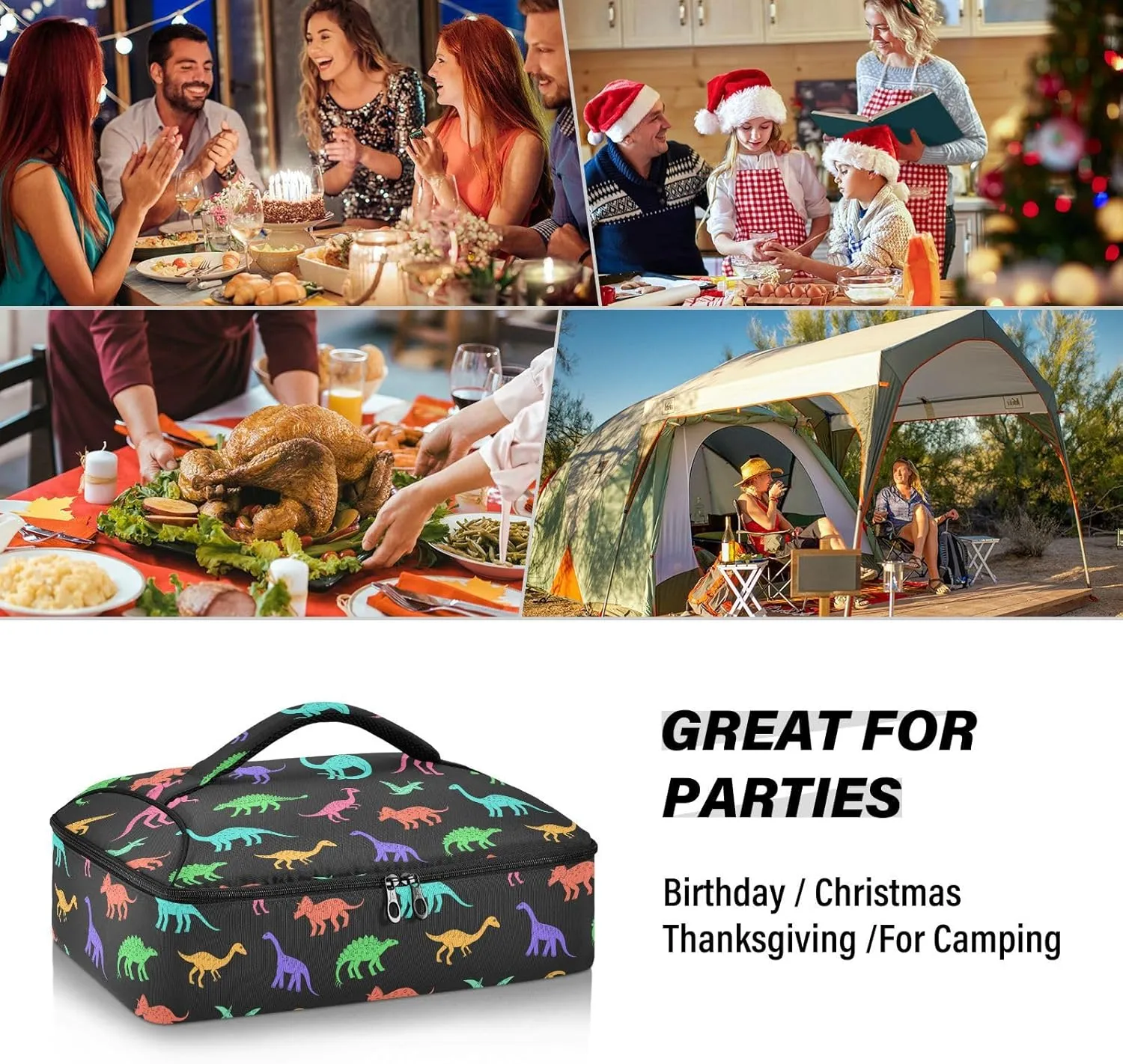 Kcldeci Insulated Thermal Food Carrier Insulated Casserole Carrier for Hot or Cold Food, Rainbow Dinosaurs Insulated Tote Bag for Potluck Cookouts Parties Picnic,Lasagna Lugger
