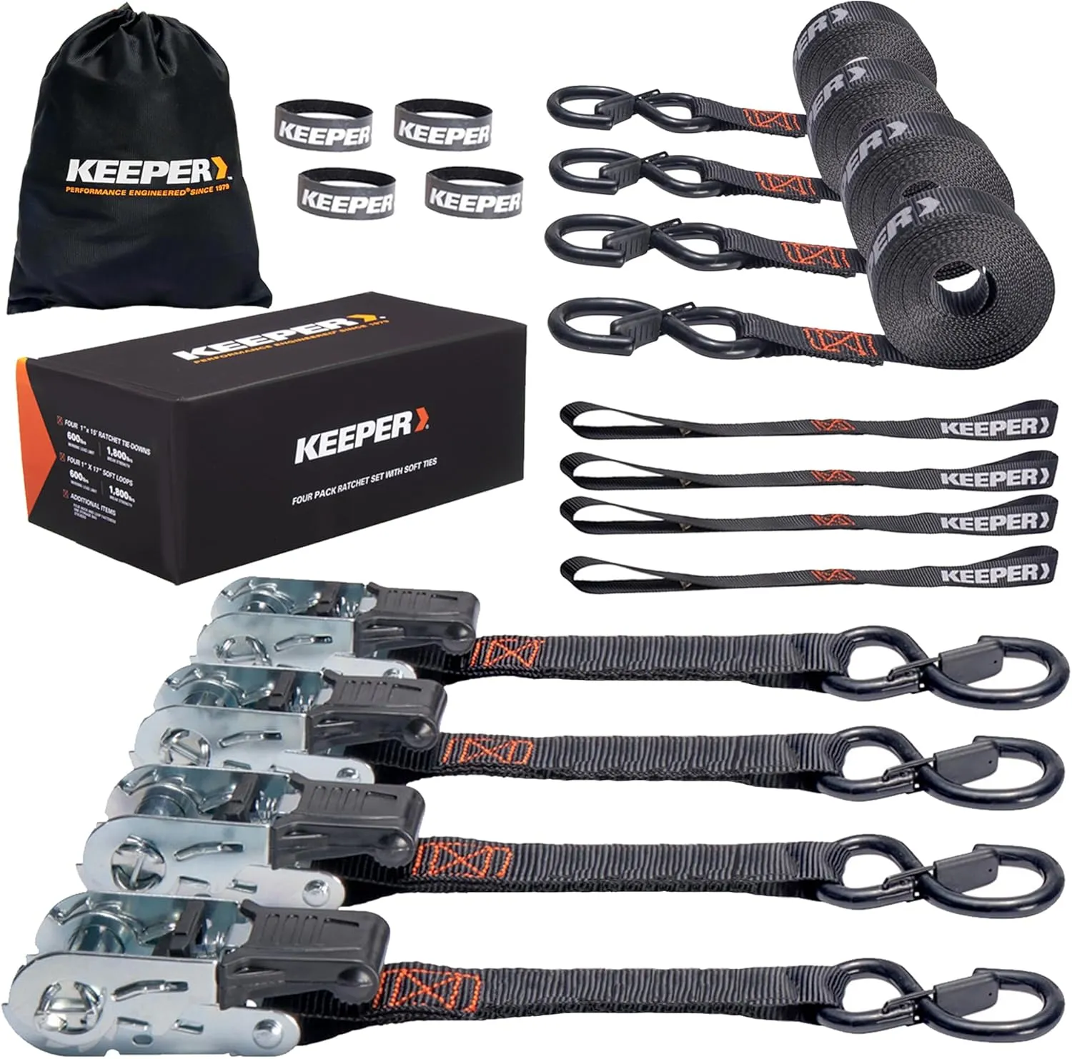 Keeper Ratchet Tie Down Kit 4PK - 1800lb Max Break Strength, Includes Keeper Ratchet Straps, 4 1" x15' Tie Down Straps, 4 Soft Loop Ties, 4 Hook & Loop Straps, and Storage Bag