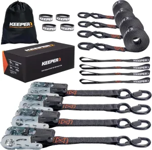 Keeper Ratchet Tie Down Kit 4PK - 1800lb Max Break Strength, Includes Keeper Ratchet Straps, 4 1" x15' Tie Down Straps, 4 Soft Loop Ties, 4 Hook & Loop Straps, and Storage Bag