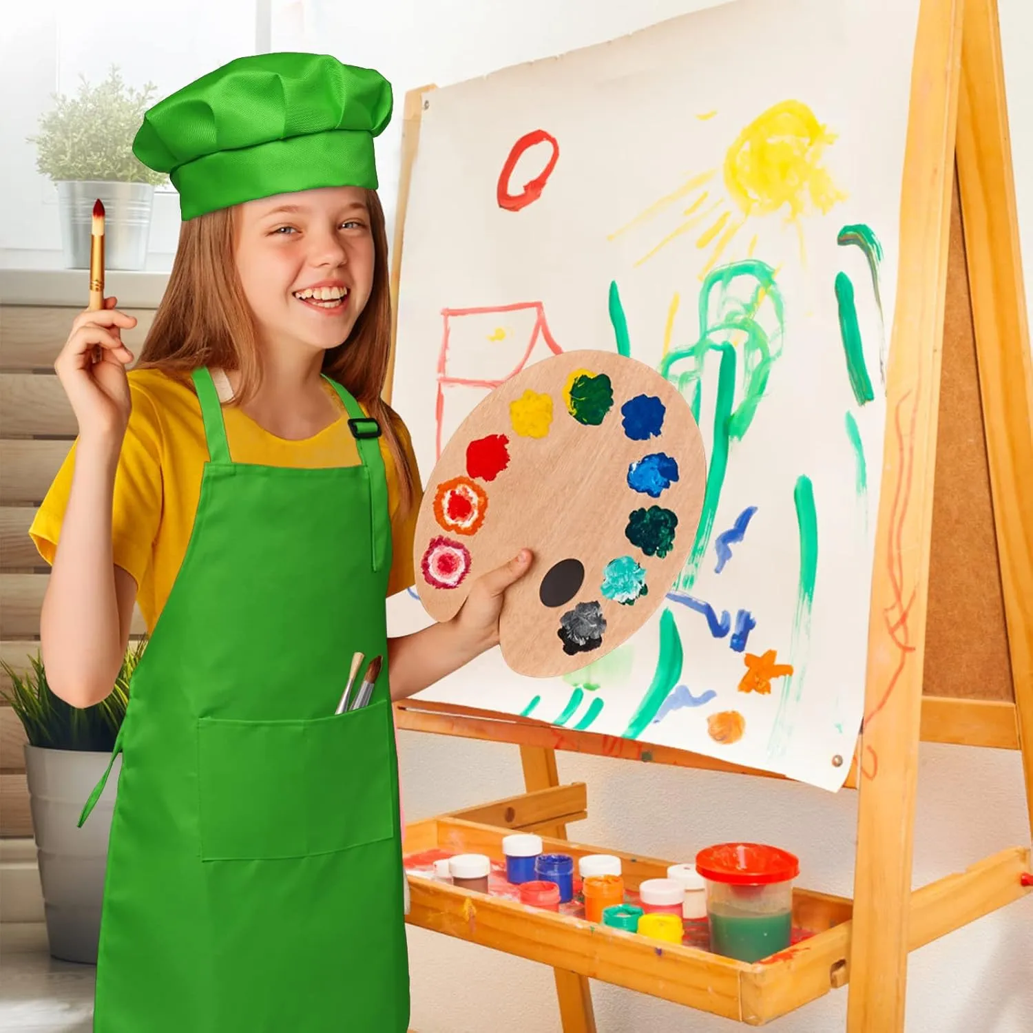 Kids Apron and Chef Hat Set - 8 Pieces Adjustable Child Aprons with Pockets for Kitchen Cooking Baking Painting