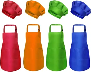 Kids Apron and Chef Hat Set - 8 Pieces Adjustable Child Aprons with Pockets for Kitchen Cooking Baking Painting