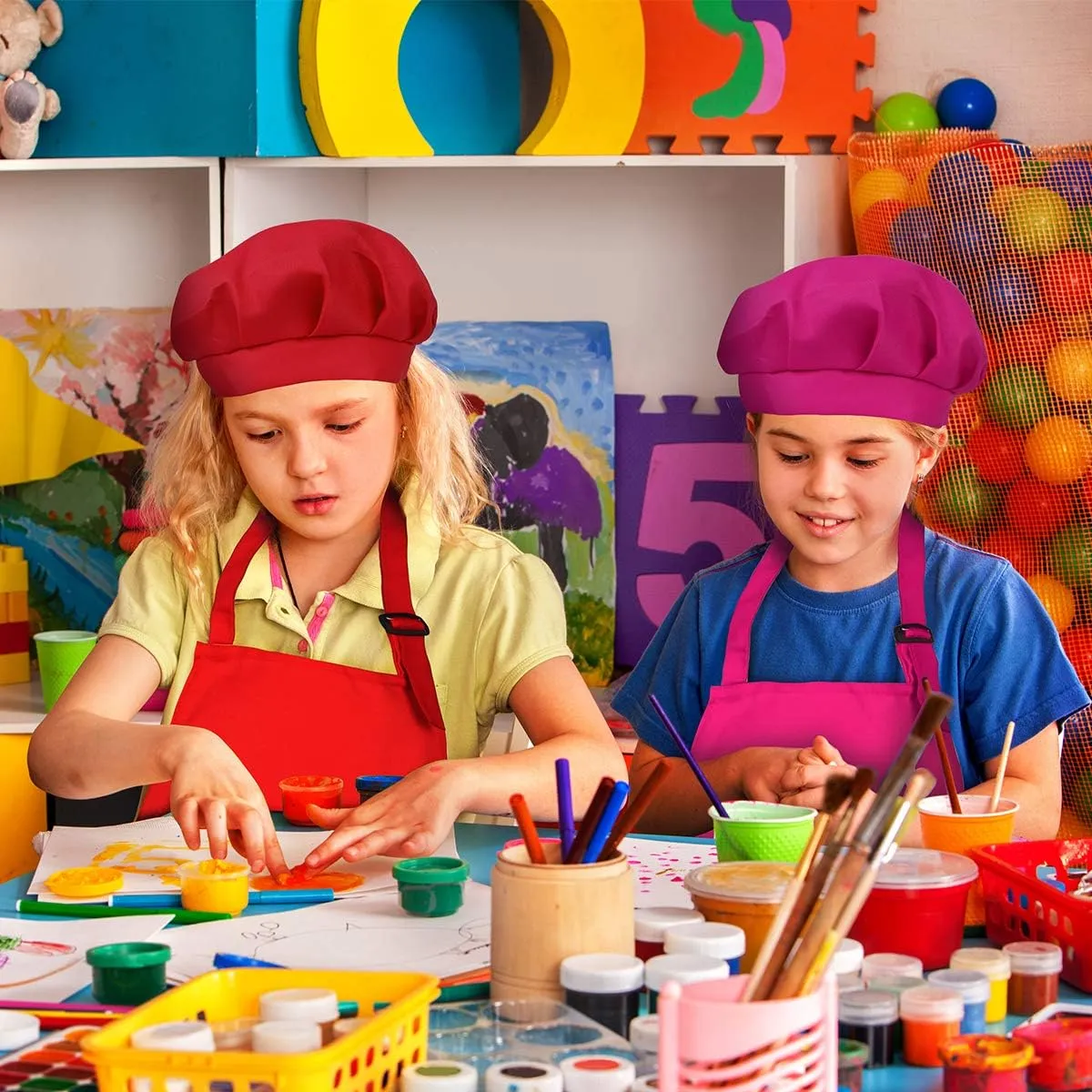 Kids Apron and Chef Hat Set - 8 Pieces Adjustable Child Aprons with Pockets for Kitchen Cooking Baking Painting