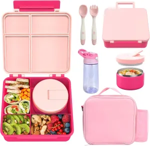 Kids Bento Lunch Box with 8oz Soup Thermo, Water Bottle, Kids Leakproof Lunch Food Containers with 4 Compartment, Kids Insulated Hot Food Jar with Lunch Bag for School, Trvael (Pink)