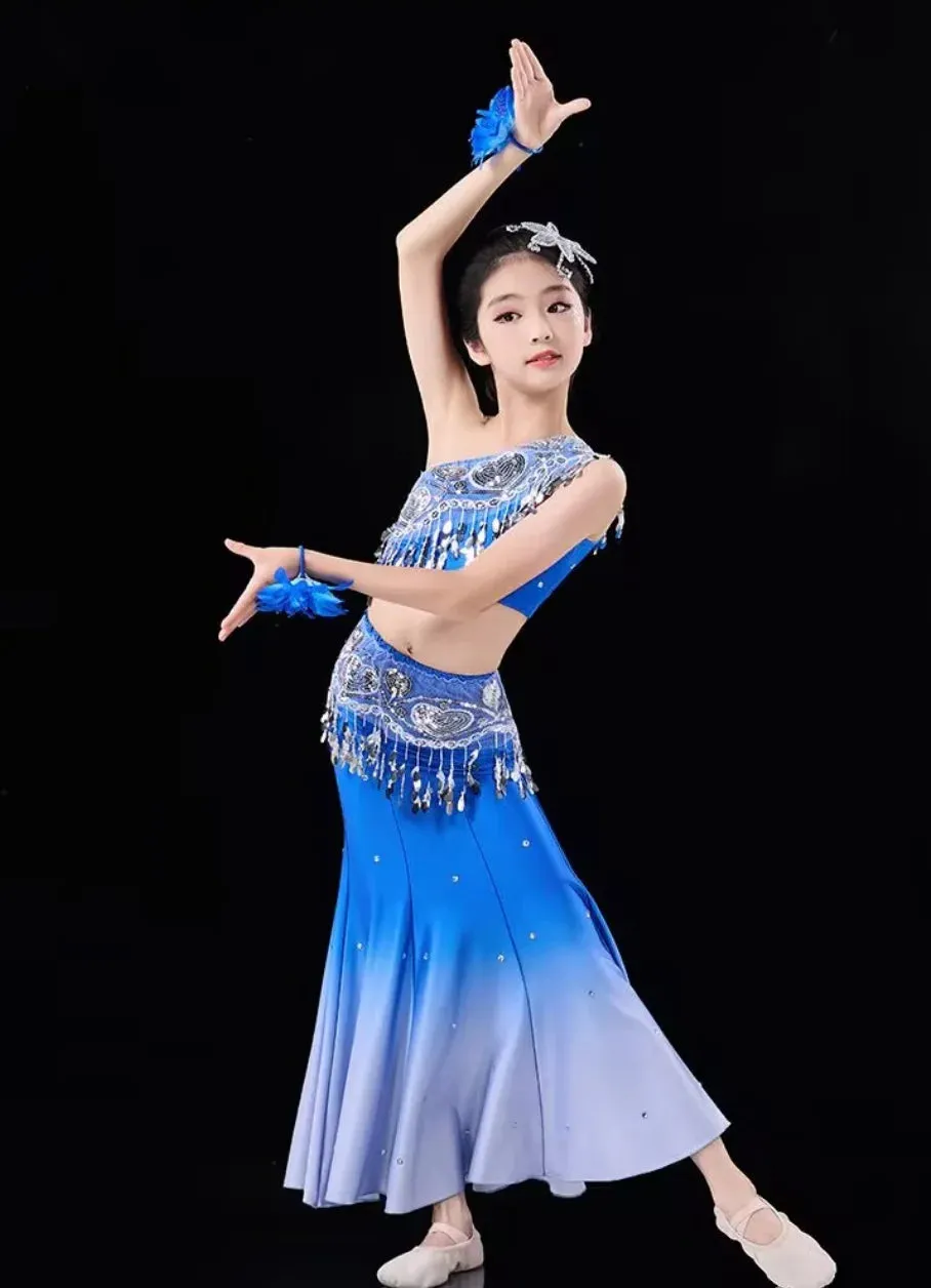 Kids Chinese Folk Dance Costume Set - Girl's Dai Dance Fishtail Outfit (Top & Skirt)