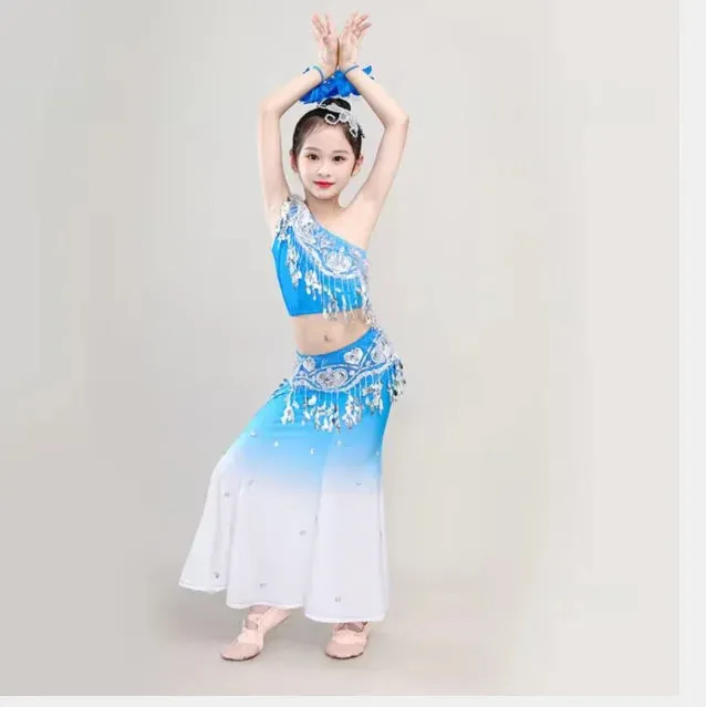 Kids Chinese Folk Dance Costume Set - Girl's Dai Dance Fishtail Outfit (Top & Skirt)