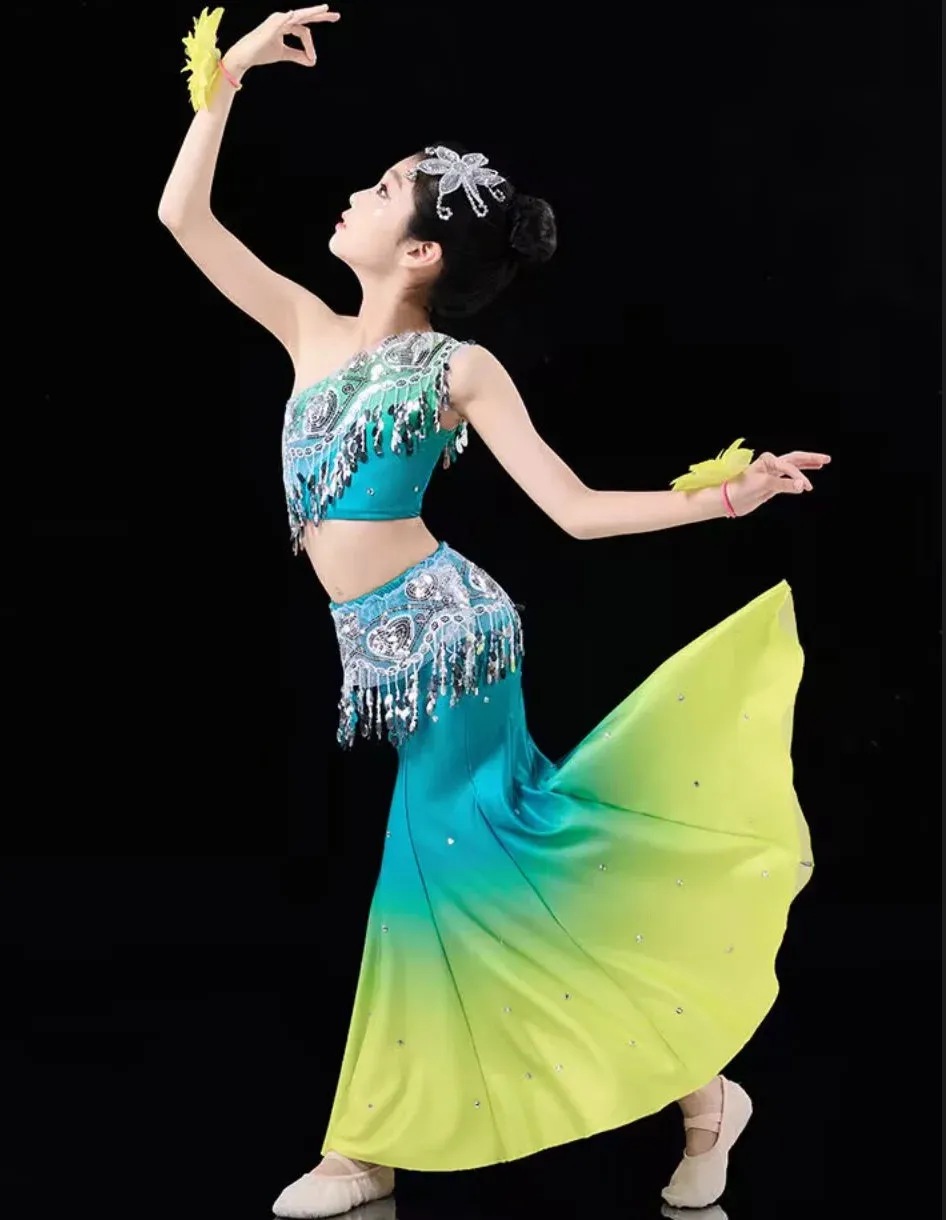 Kids Chinese Folk Dance Costume Set - Girl's Dai Dance Fishtail Outfit (Top & Skirt)