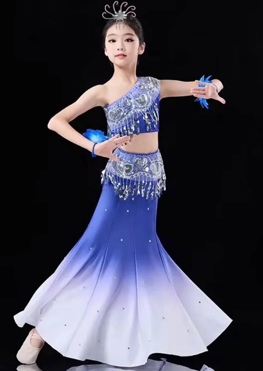 Kids Chinese Folk Dance Costume Set - Girl's Dai Dance Fishtail Outfit (Top & Skirt)