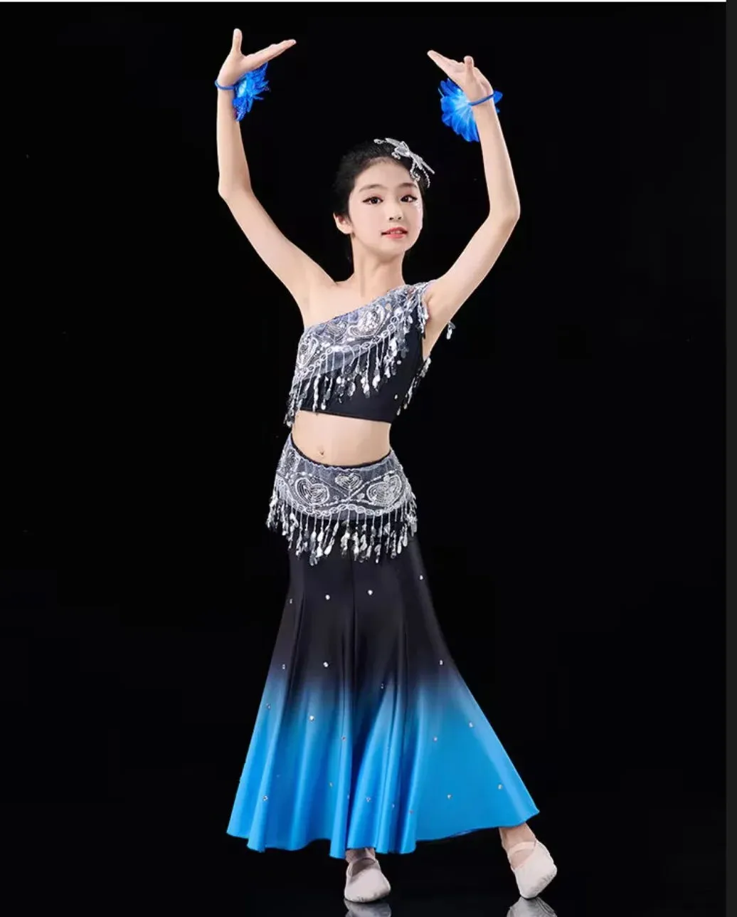 Kids Chinese Folk Dance Costume Set - Girl's Dai Dance Fishtail Outfit (Top & Skirt)