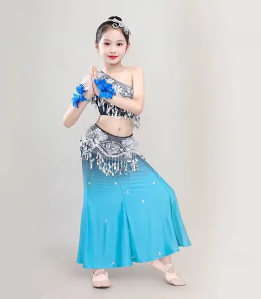 Kids Chinese Folk Dance Costume Set - Girl's Dai Dance Fishtail Outfit (Top & Skirt)