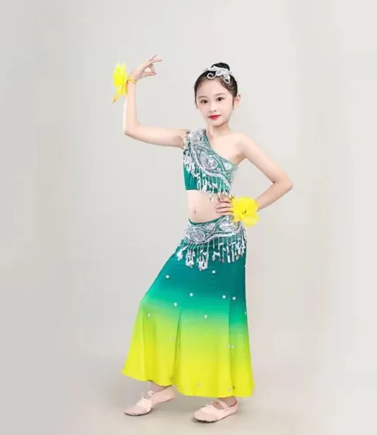Kids Chinese Folk Dance Costume Set - Girl's Dai Dance Fishtail Outfit (Top & Skirt)